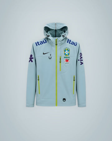 Brésil – Veste Coupe-Vent à Capuche – Gris Bleu & Vert Citron